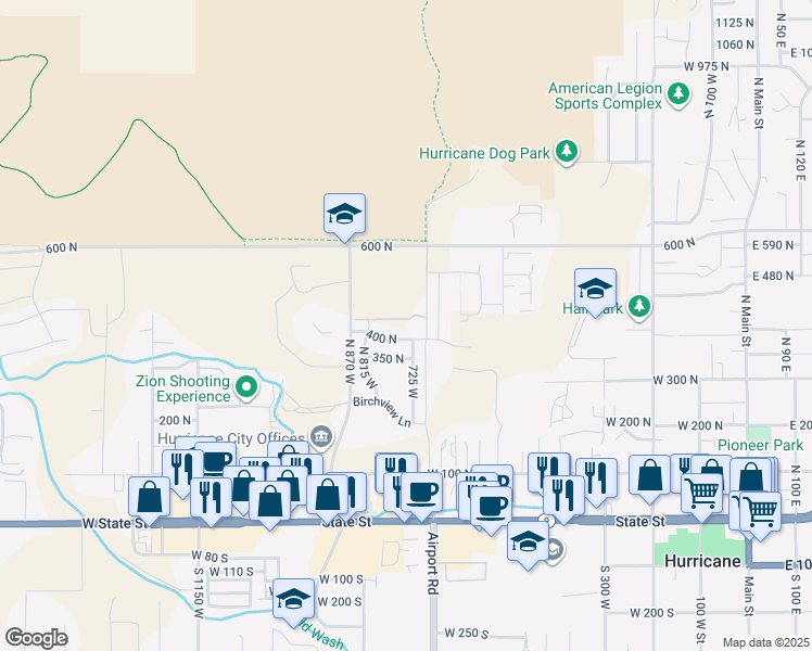 map of restaurants, bars, coffee shops, grocery stores, and more near 751 West 430 North in Hurricane
