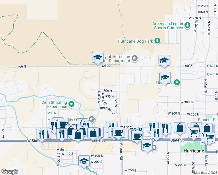 map of restaurants, bars, coffee shops, grocery stores, and more near 791 West 430 North in Hurricane