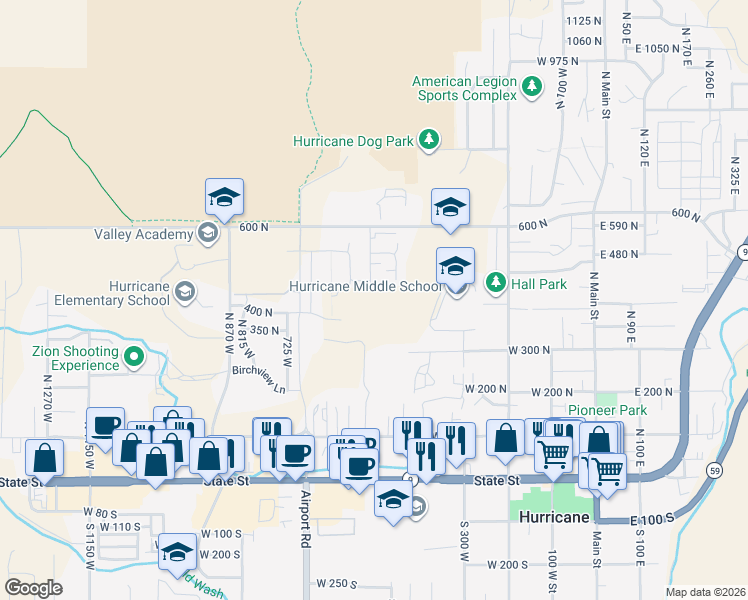 map of restaurants, bars, coffee shops, grocery stores, and more near 530 West in Hurricane
