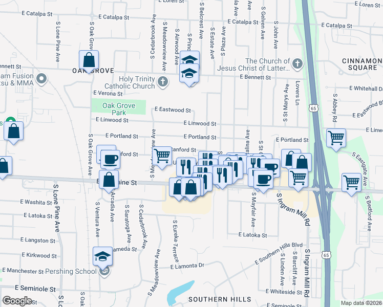 map of restaurants, bars, coffee shops, grocery stores, and more near 2936 East University Street in Springfield