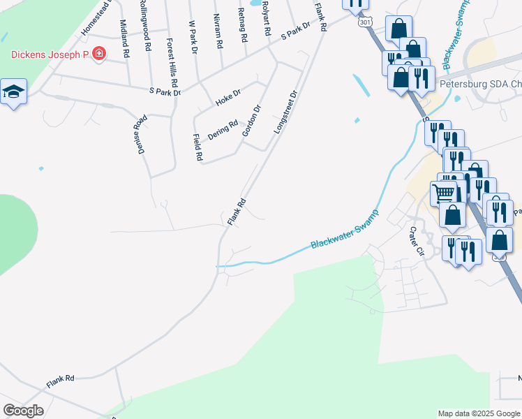 map of restaurants, bars, coffee shops, grocery stores, and more near 636 Flank Road in Petersburg
