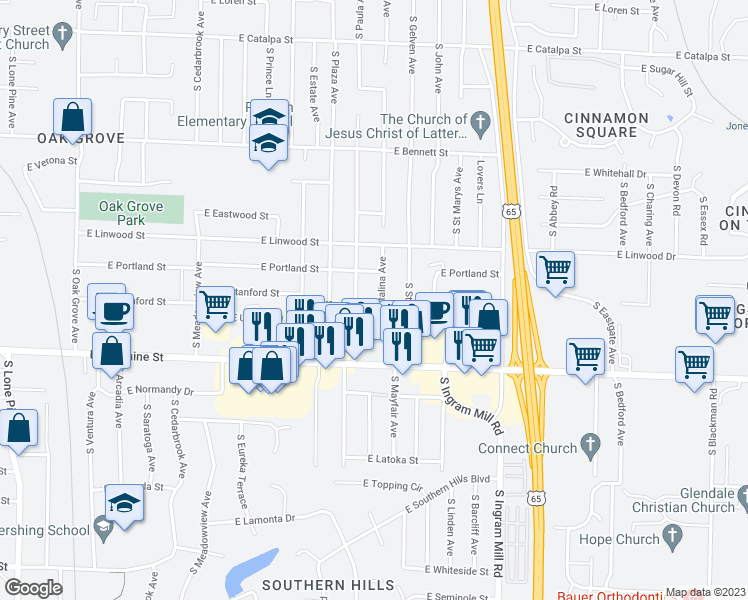 map of restaurants, bars, coffee shops, grocery stores, and more near 1639 South Catalina Avenue in Springfield