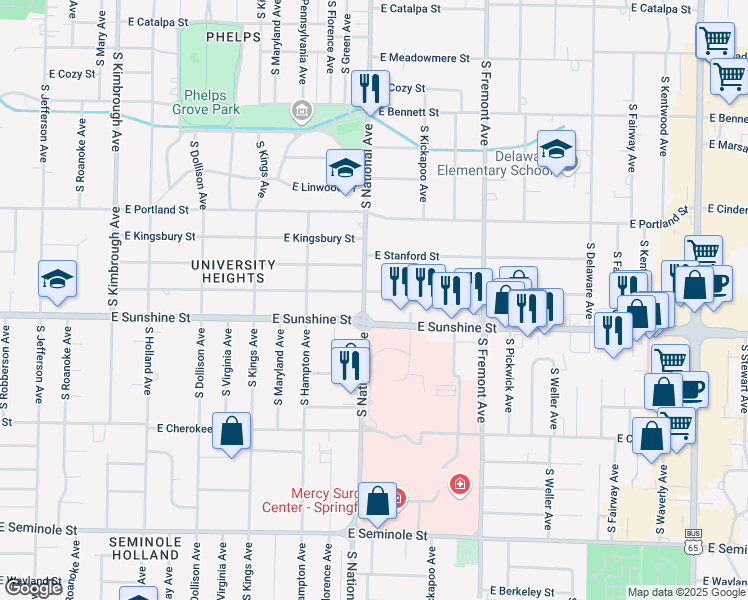 map of restaurants, bars, coffee shops, grocery stores, and more near in Springfield
