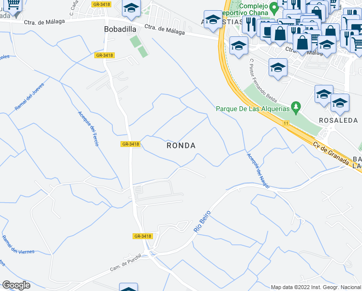 map of restaurants, bars, coffee shops, grocery stores, and more near in Granada