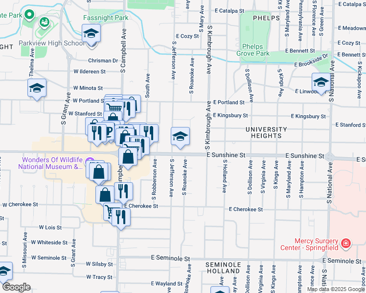 map of restaurants, bars, coffee shops, grocery stores, and more near 421 East Sunshine Street in Springfield