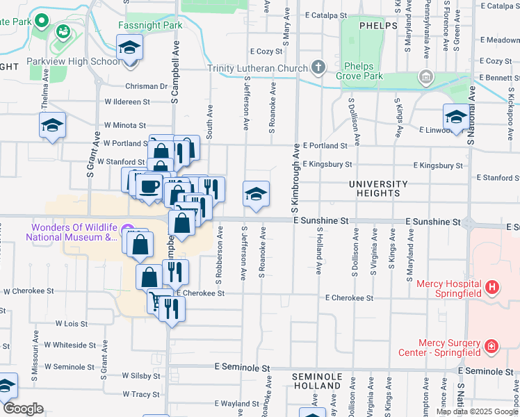 map of restaurants, bars, coffee shops, grocery stores, and more near 421 East Sunshine Street in Springfield