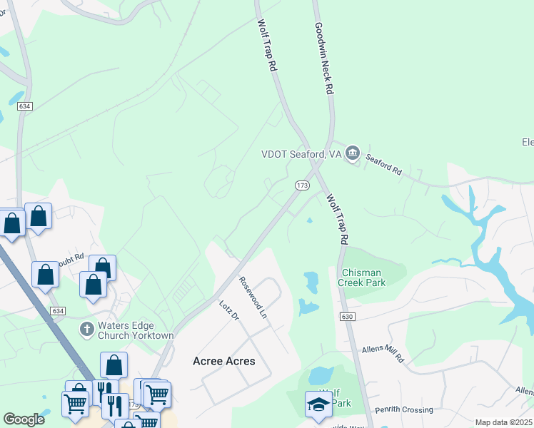 map of restaurants, bars, coffee shops, grocery stores, and more near 301 Goodwin Neck Road in Yorktown