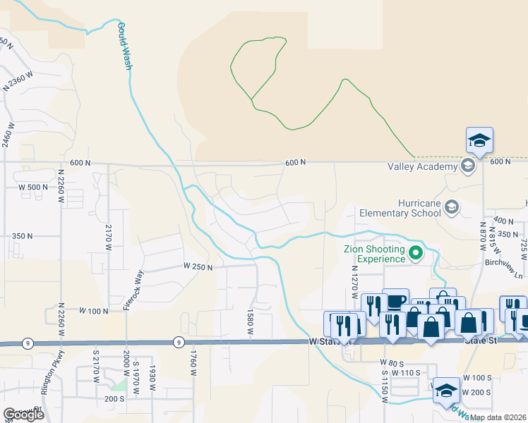 map of restaurants, bars, coffee shops, grocery stores, and more near 1544 West 365 North in Hurricane