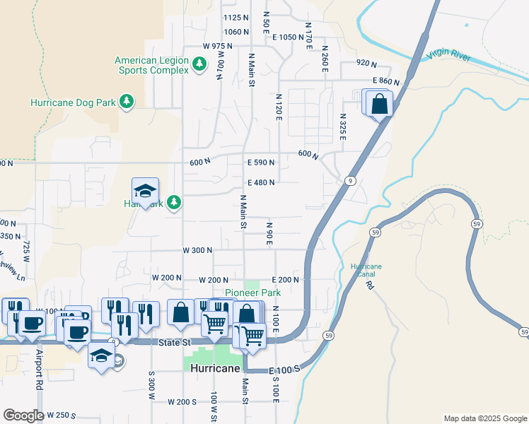 map of restaurants, bars, coffee shops, grocery stores, and more near 85 East 400 North in Hurricane