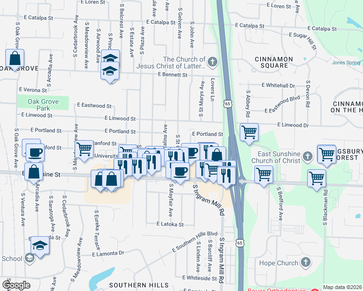 map of restaurants, bars, coffee shops, grocery stores, and more near 1606 South Saint Charles Avenue in Springfield