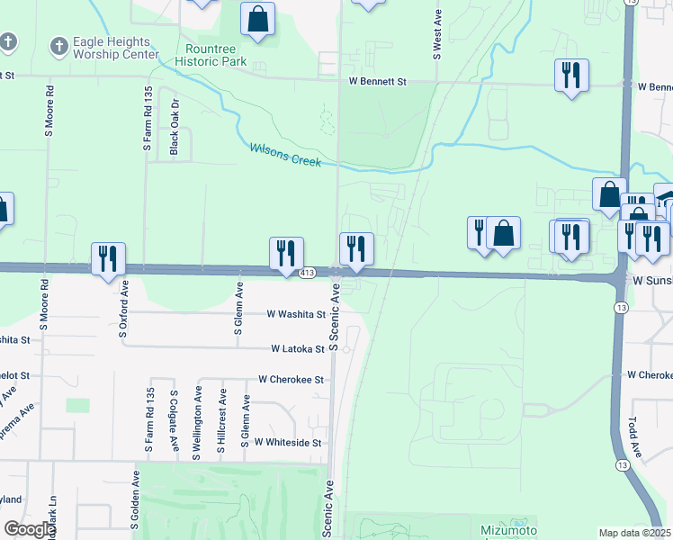 map of restaurants, bars, coffee shops, grocery stores, and more near W Sunshine St & S Scenic Ave in Springfield
