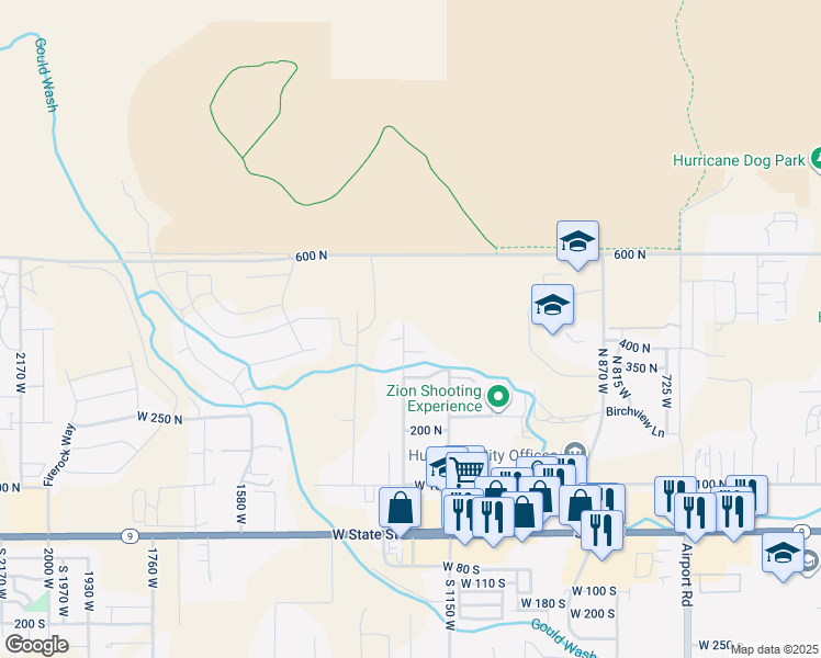 map of restaurants, bars, coffee shops, grocery stores, and more near 486 North 1270 West in Hurricane