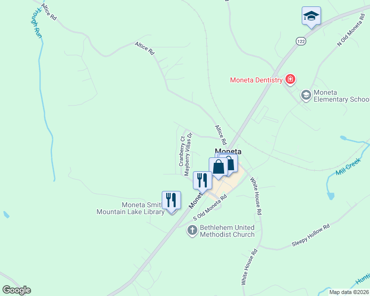 map of restaurants, bars, coffee shops, grocery stores, and more near Mayberry Villas Drive in Moneta