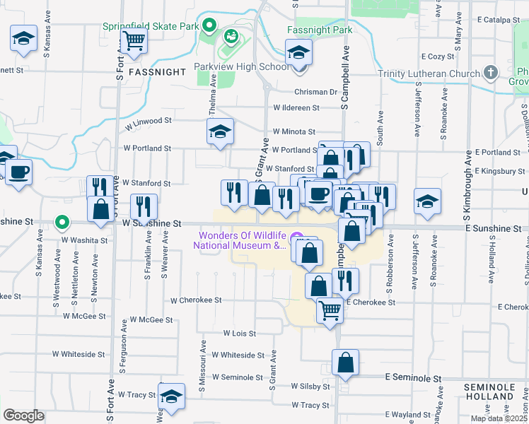 map of restaurants, bars, coffee shops, grocery stores, and more near 1774 South Grant Avenue in Springfield