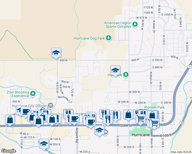 map of restaurants, bars, coffee shops, grocery stores, and more near 530 West in Hurricane
