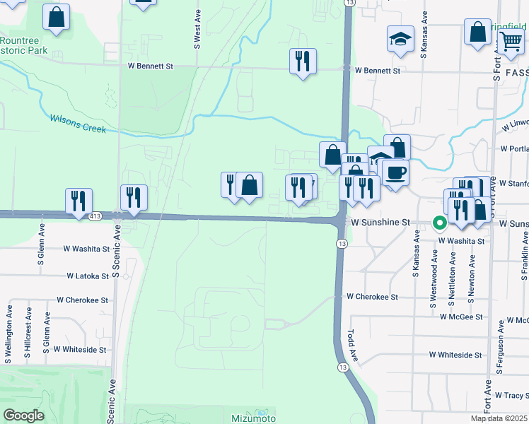 map of restaurants, bars, coffee shops, grocery stores, and more near 2201 West Sunshine Street in Springfield