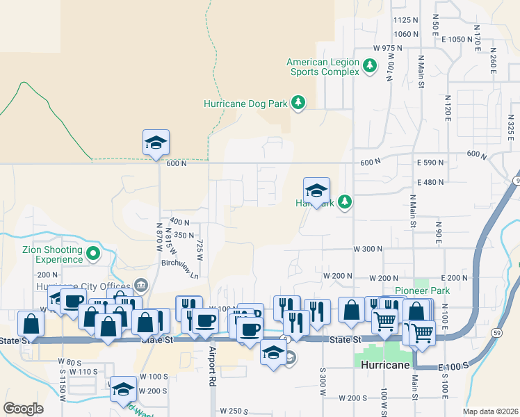 map of restaurants, bars, coffee shops, grocery stores, and more near 530 West in Hurricane