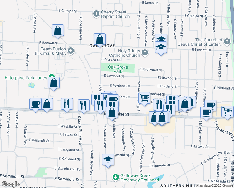 map of restaurants, bars, coffee shops, grocery stores, and more near 2702 East Portland Street in Springfield