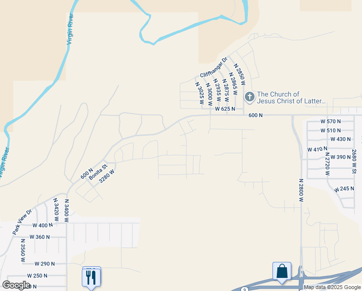 map of restaurants, bars, coffee shops, grocery stores, and more near 3096 West 550 North in Hurricane