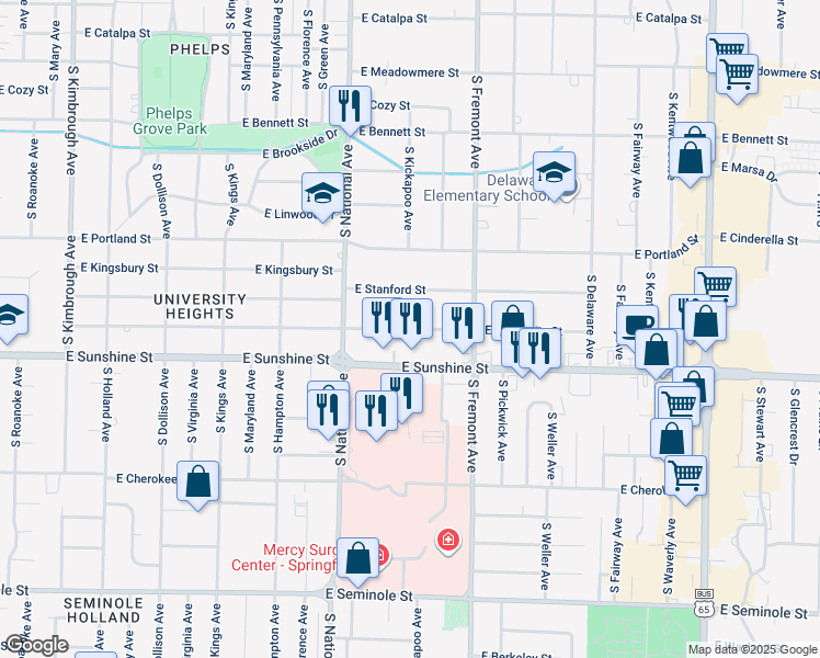 map of restaurants, bars, coffee shops, grocery stores, and more near 1255 East University Street in Springfield