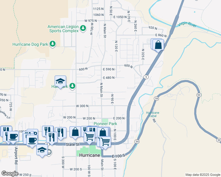 map of restaurants, bars, coffee shops, grocery stores, and more near 85 East 400 North in Hurricane