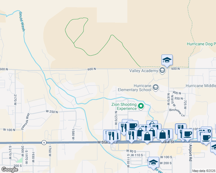 map of restaurants, bars, coffee shops, grocery stores, and more near 372 N 1380 W in Hurricane