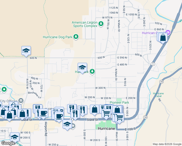 map of restaurants, bars, coffee shops, grocery stores, and more near 401 North 230 West in Hurricane