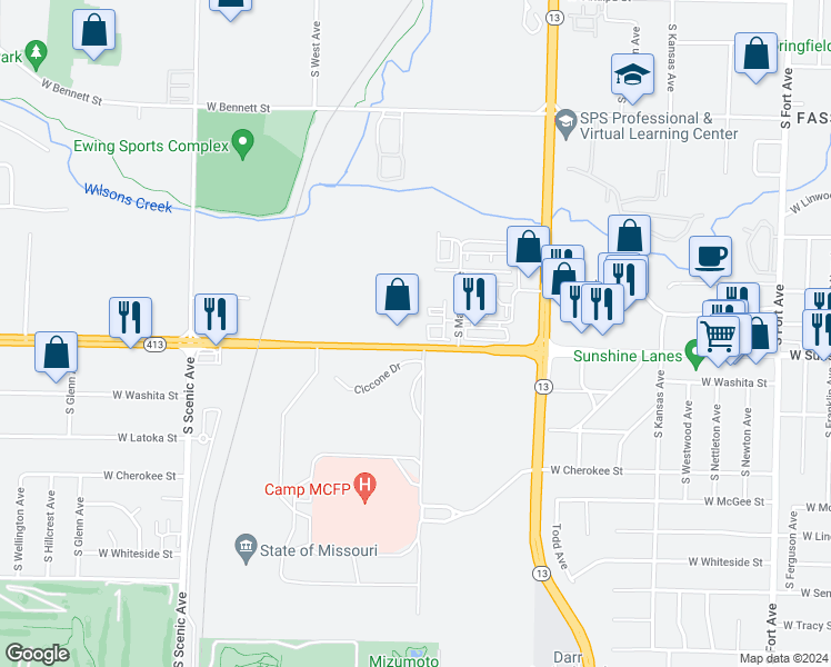 map of restaurants, bars, coffee shops, grocery stores, and more near 2209 West Sunshine Street in Springfield