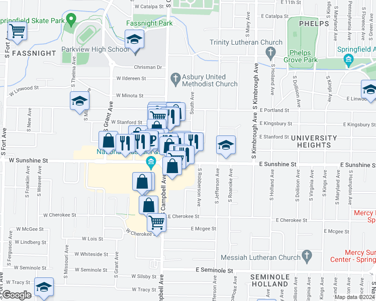 map of restaurants, bars, coffee shops, grocery stores, and more near 1739 South Avenue in Springfield