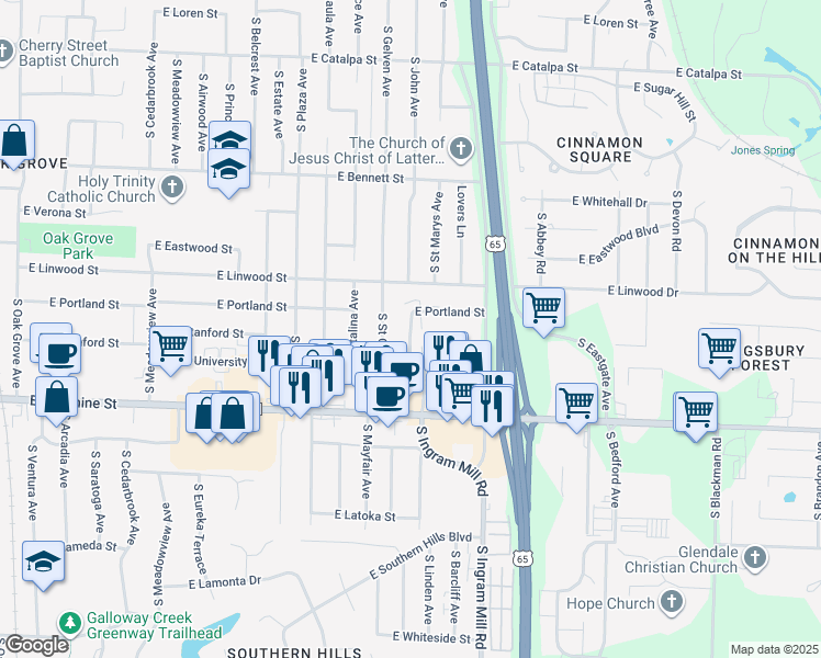 map of restaurants, bars, coffee shops, grocery stores, and more near 3250 East Portland Street in Springfield