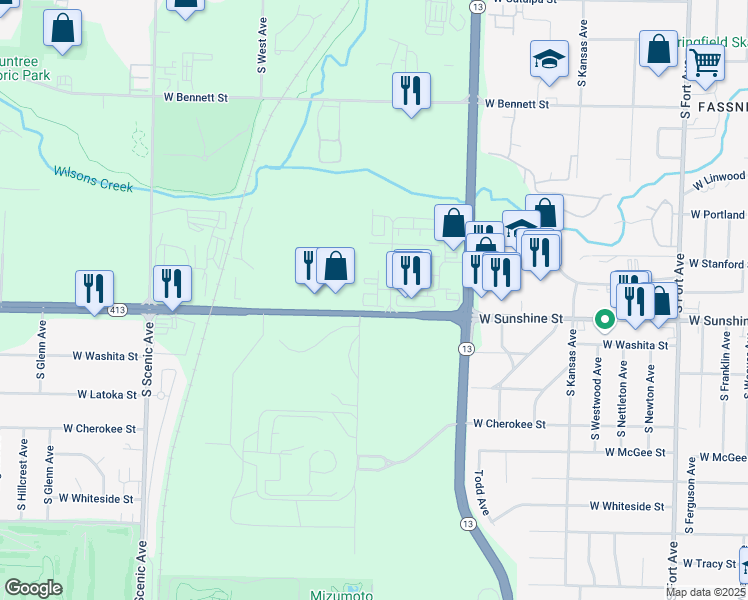 map of restaurants, bars, coffee shops, grocery stores, and more near 2201 West Sunshine Street in Springfield