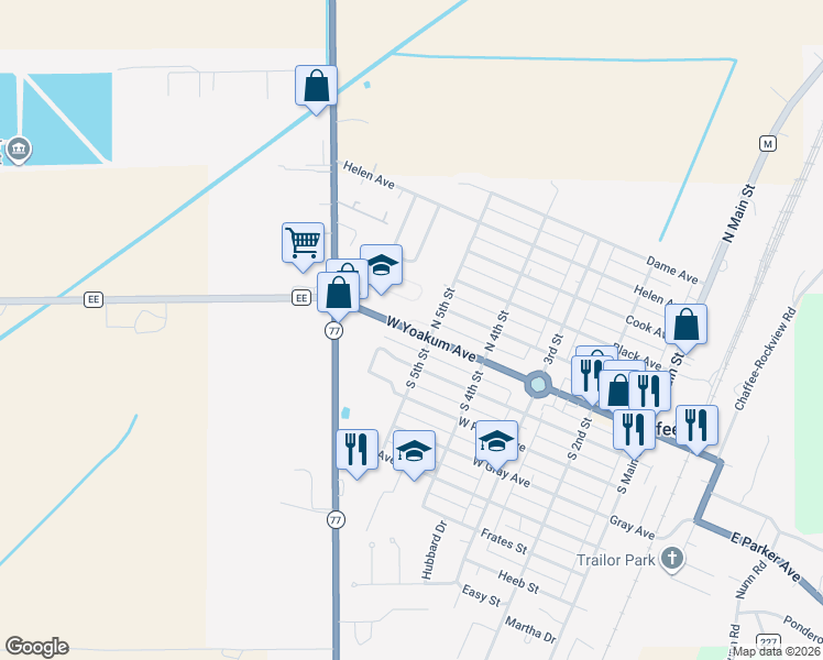 map of restaurants, bars, coffee shops, grocery stores, and more near 517 West Yoakum Avenue in Chaffee