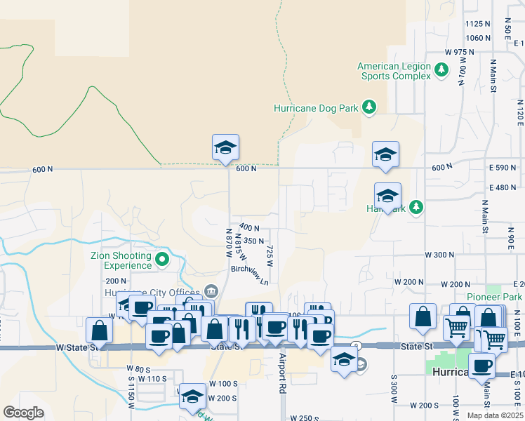 map of restaurants, bars, coffee shops, grocery stores, and more near 446 North 780 West in Hurricane
