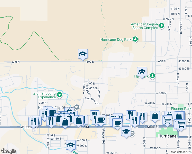 map of restaurants, bars, coffee shops, grocery stores, and more near 446 North 780 West in Hurricane