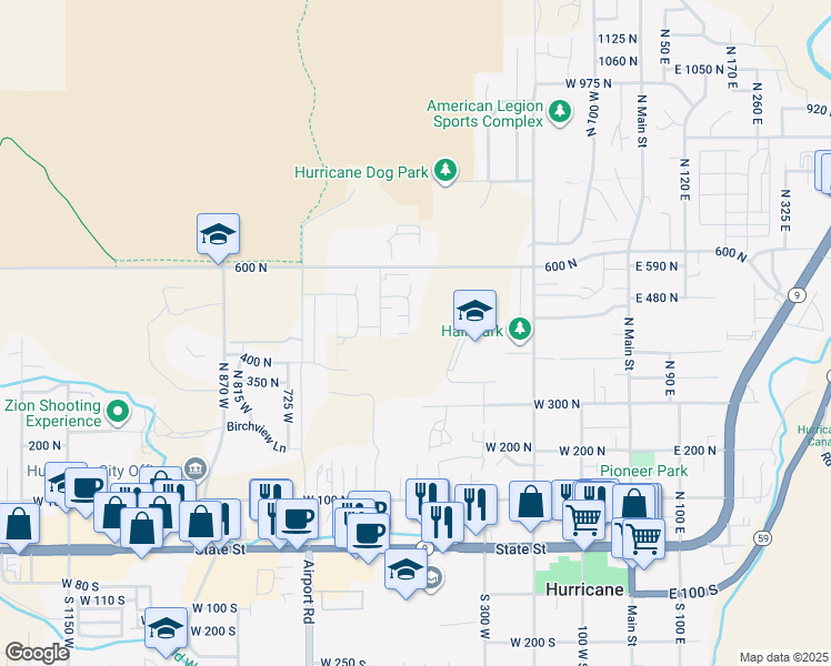 map of restaurants, bars, coffee shops, grocery stores, and more near 468 N 480 W in Hurricane