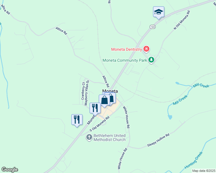 map of restaurants, bars, coffee shops, grocery stores, and more near State Route 608 in Moneta