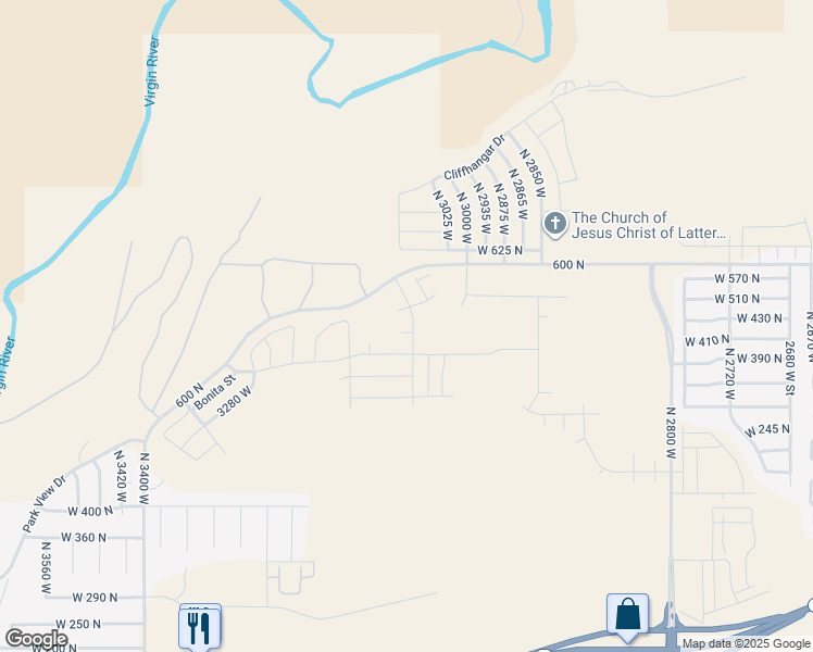 map of restaurants, bars, coffee shops, grocery stores, and more near 3180 600 North in Hurricane