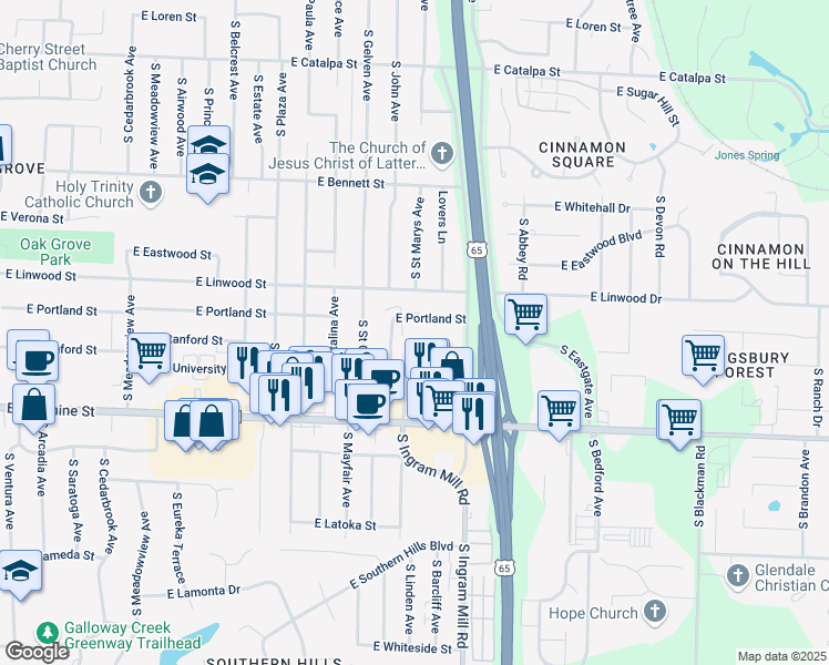 map of restaurants, bars, coffee shops, grocery stores, and more near 3250 East Portland Street in Springfield