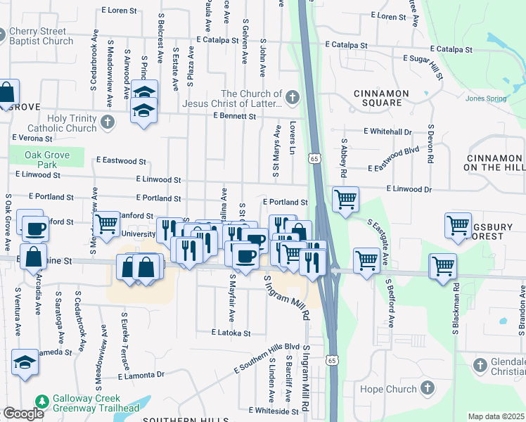 map of restaurants, bars, coffee shops, grocery stores, and more near 3250 East Portland Street in Springfield