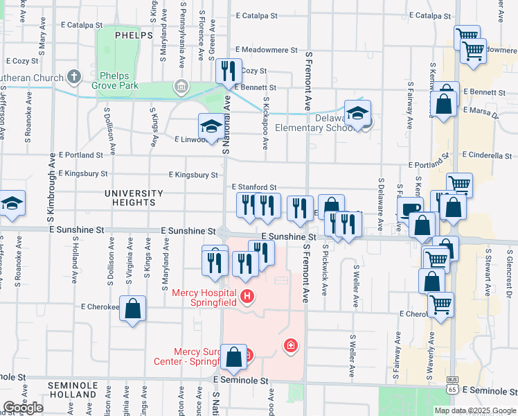 map of restaurants, bars, coffee shops, grocery stores, and more near 1255 East University Street in Springfield
