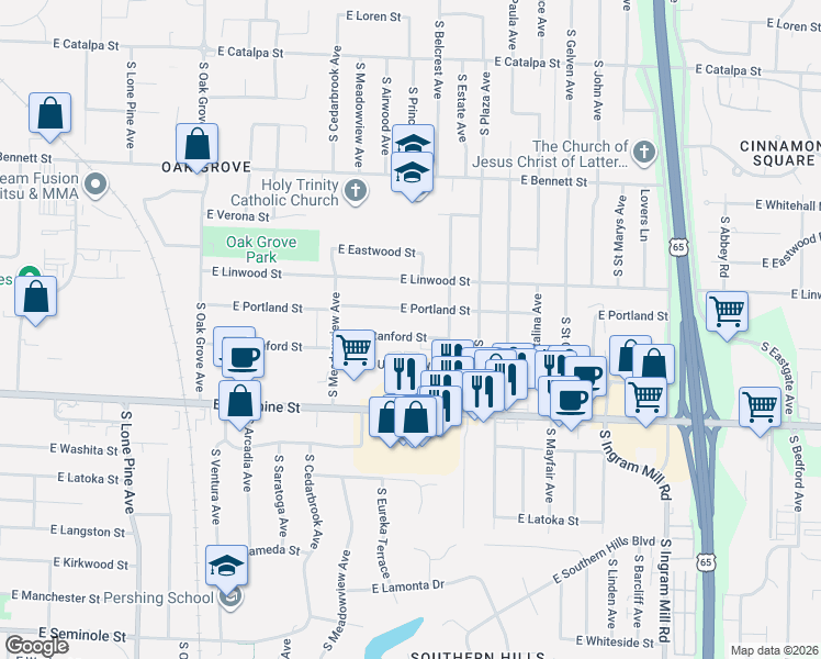 map of restaurants, bars, coffee shops, grocery stores, and more near 2944 East Portland Street in Springfield
