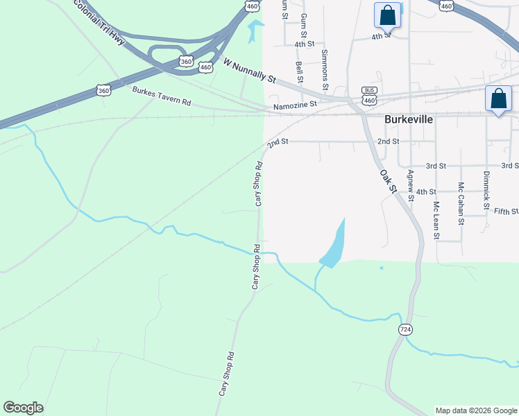 map of restaurants, bars, coffee shops, grocery stores, and more near Cary Shop Road in Burkeville