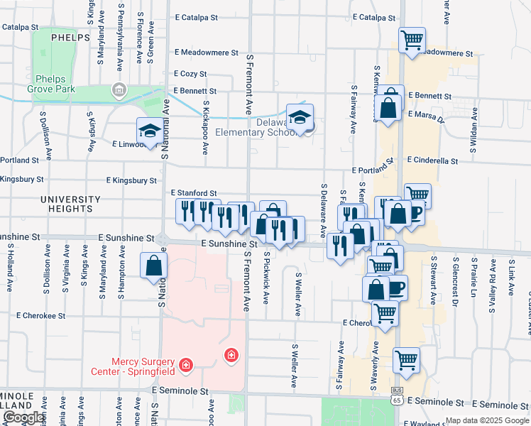 map of restaurants, bars, coffee shops, grocery stores, and more near 1443 E University St in Springfield