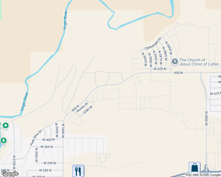 map of restaurants, bars, coffee shops, grocery stores, and more near 579 North Staci Drive in Hurricane