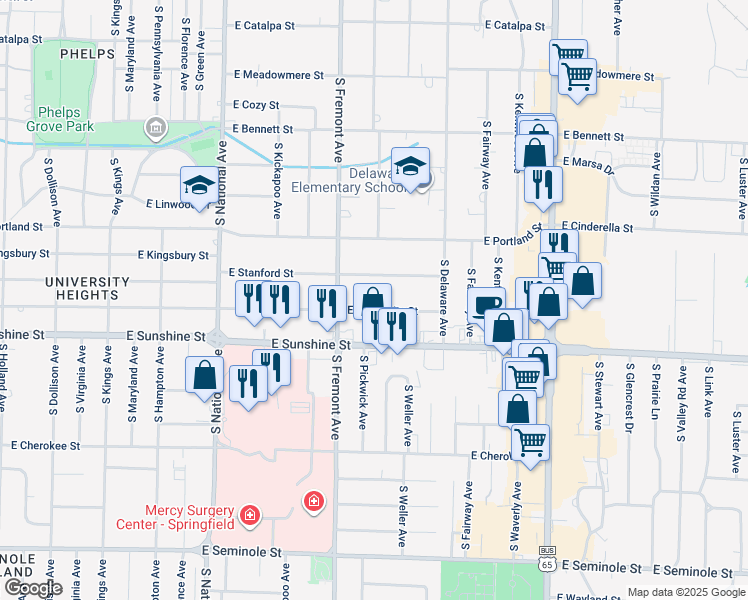 map of restaurants, bars, coffee shops, grocery stores, and more near 1443 East University Street in Springfield