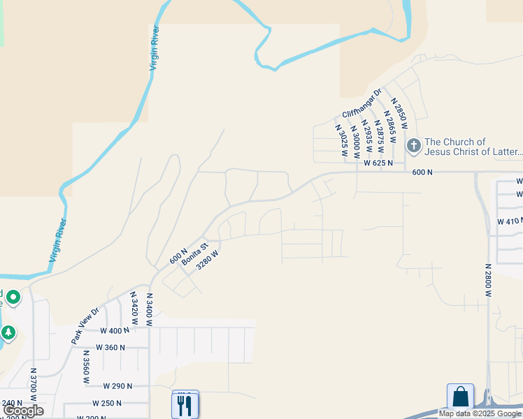 map of restaurants, bars, coffee shops, grocery stores, and more near 3180 600 North in Hurricane