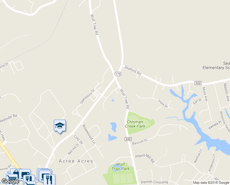 map of restaurants, bars, coffee shops, grocery stores, and more near 203 Lynns Way in Yorktown