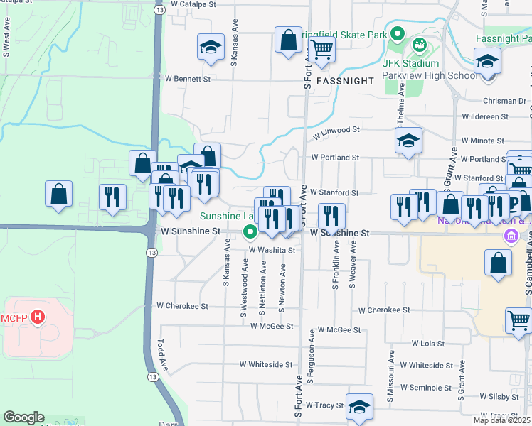 map of restaurants, bars, coffee shops, grocery stores, and more near 1414 W Elfindale St in Springfield