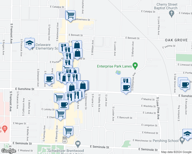 map of restaurants, bars, coffee shops, grocery stores, and more near 1661 South Madaline Terrace in Springfield
