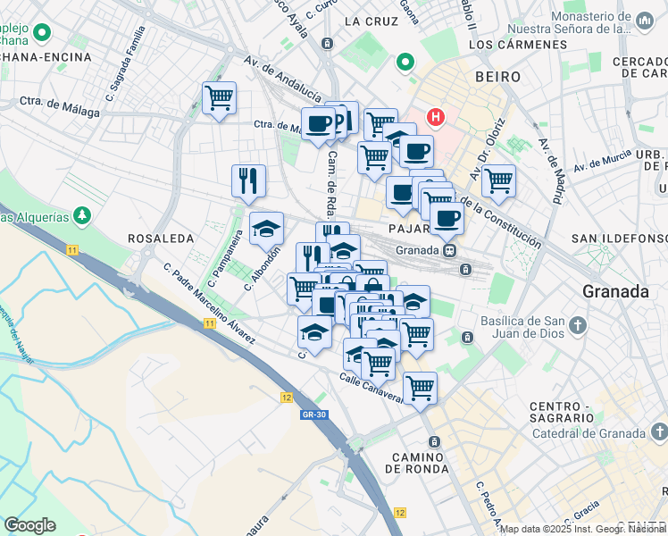 map of restaurants, bars, coffee shops, grocery stores, and more near in Granada